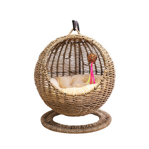 Handmade rattan pet cat swinging calming furniture dog house indoor hammock hanging cave bed