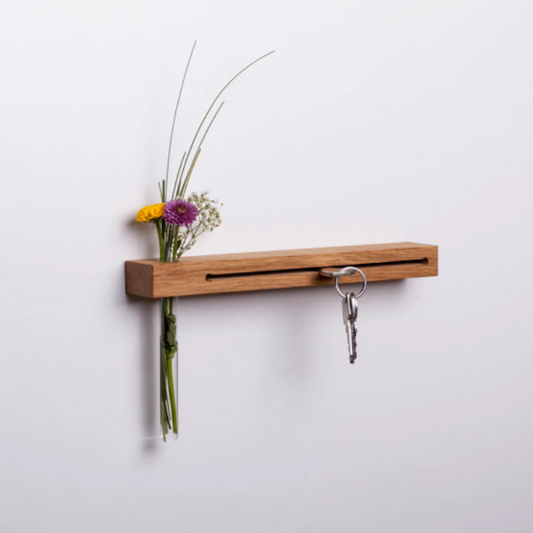 Wooden Key Holder with Vase for Flowers Key Hooks Wall Decoration Board with Shelf