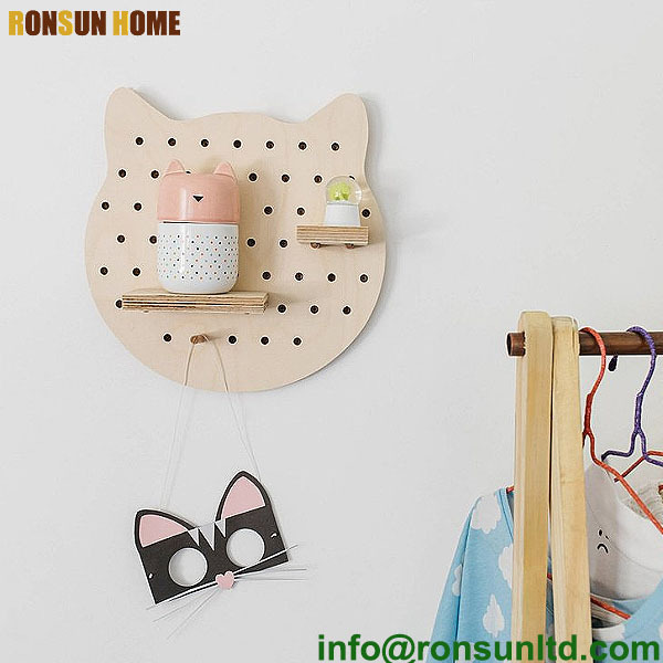 Cute small wooden craft animal cat pegboard organizer wall mounted display shelf