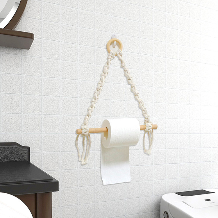 Handmade boho macrame wall hanging wooden towel rack toilet tissue paper kitchen roll hanger storage decor