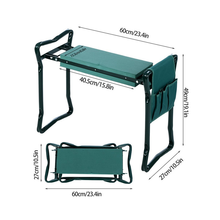 Folding metal garden kneeler bench pad and seat with tool bag