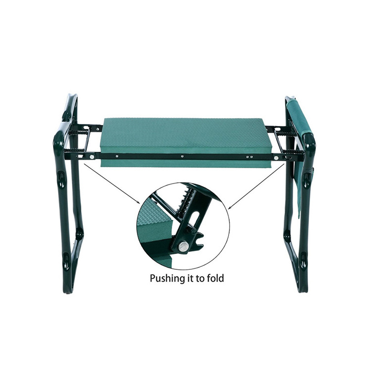 Folding metal garden kneeler bench pad and seat with tool bag