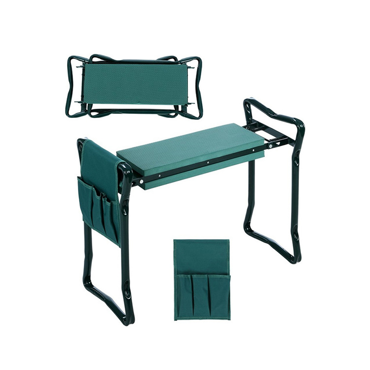 Folding metal garden kneeler bench pad and seat with tool bag