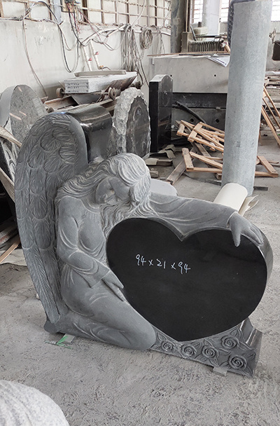 Black Granite Cemetery Double Angel Holding Double Heart Headstone