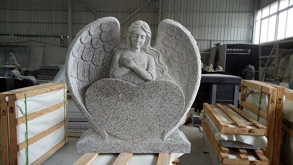 White Granite Angel Heart Statues Grave Cemetery Headstone Designs Monuments Price with Angel Wings