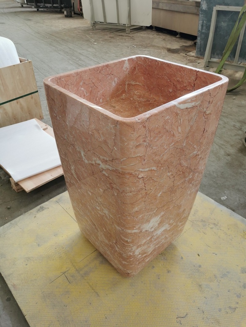 Natural Rosa Tea Pink Marble Stone Pedestal Square Sink Free Standing Wash Basin For Bathroom