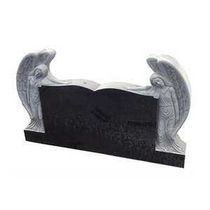 Black Granite Cemetery Double Angel Holding Double Heart Headstone