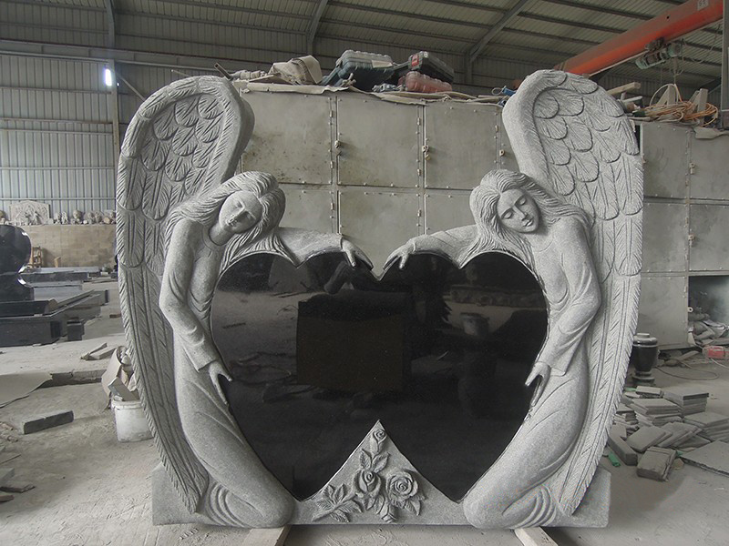 Black Granite Cemetery Double Angel Holding Double Heart Headstone