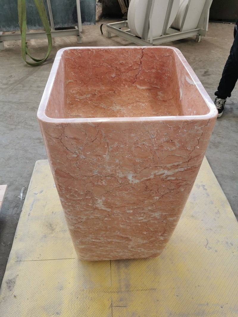 Natural Rosa Tea Pink Marble Stone Pedestal Square Sink Free Standing Wash Basin For Bathroom