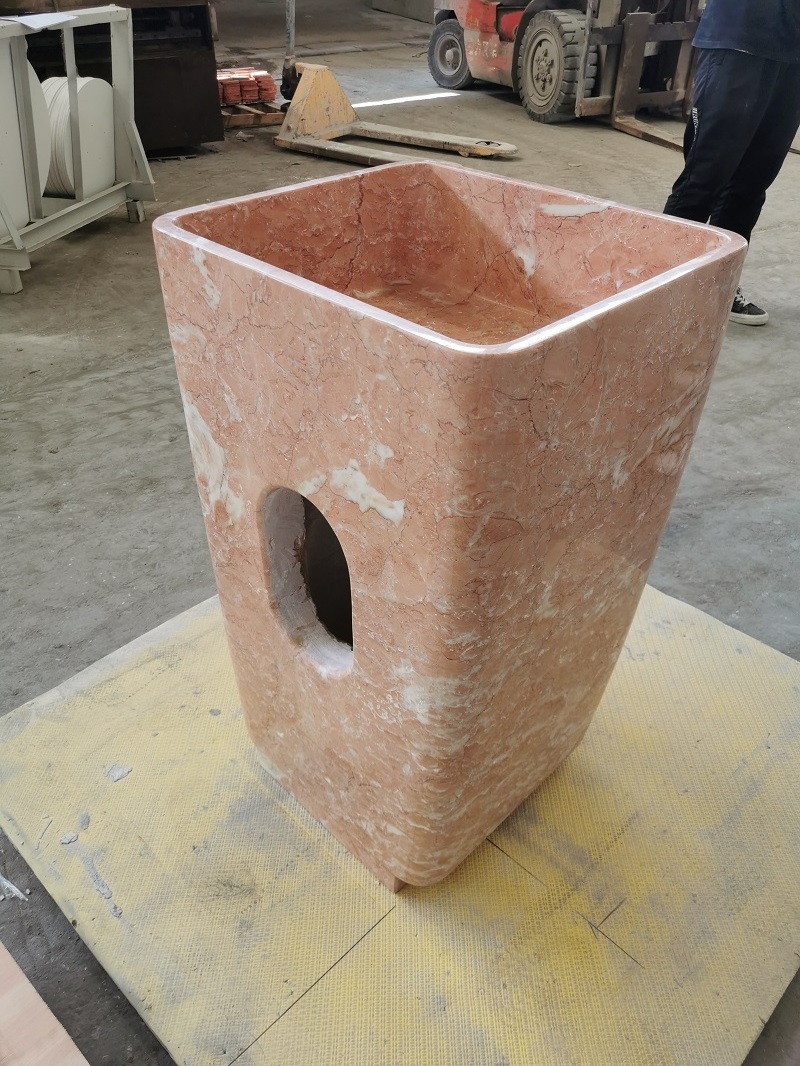 Natural Rosa Tea Pink Marble Stone Pedestal Square Sink Free Standing Wash Basin For Bathroom