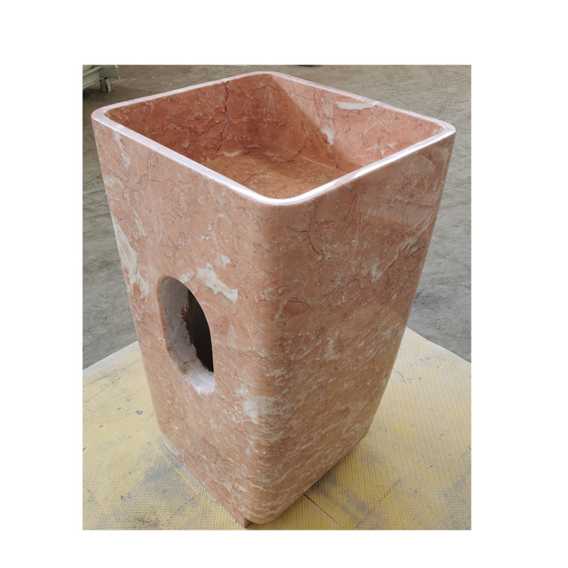 Natural Rosa Tea Pink Marble Stone Pedestal Square Sink Free Standing Wash Basin For Bathroom