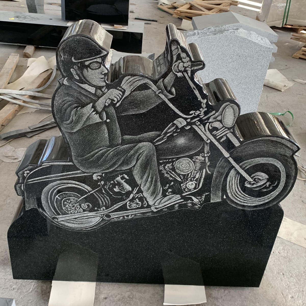 Polished China Black Granite Carved Helmet Motorcycle Design Headstone Tombstone