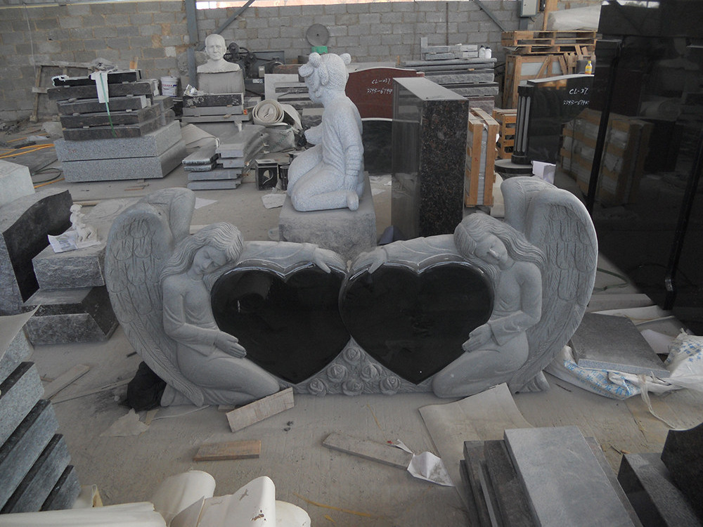 Black Granite Cemetery Double Angel Holding Double Heart Headstone