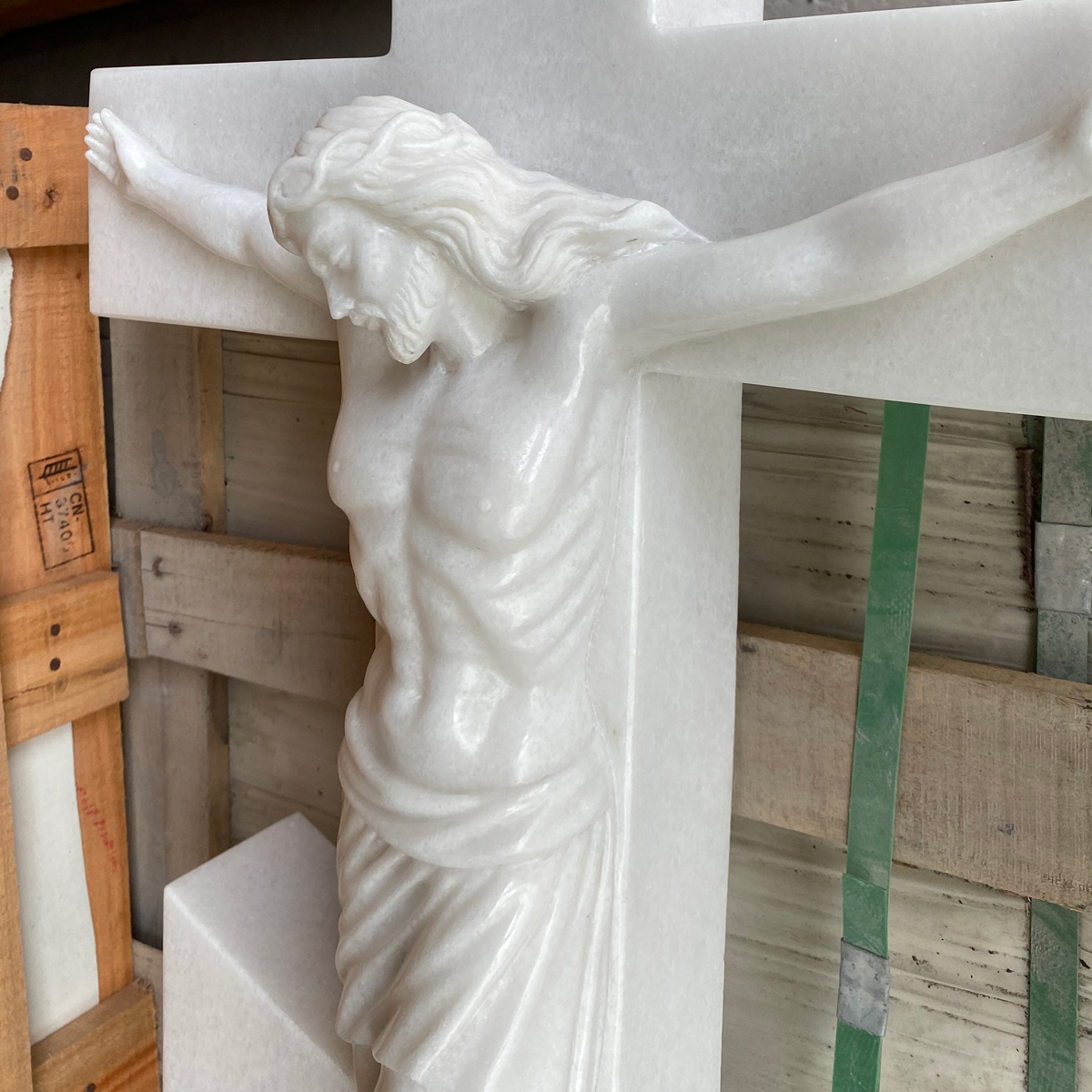 Polished Carved White Marble Jesus Statue Cross Headstone