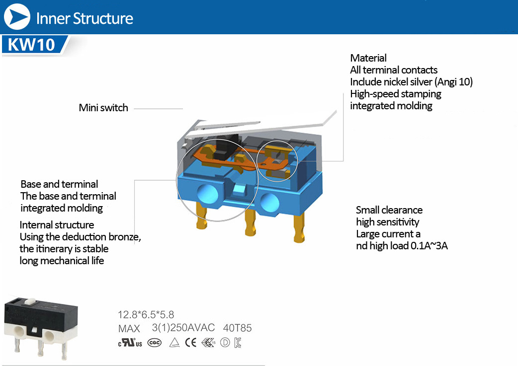 Micro Switch KW10 Series Mouse Micro Switch SPDT High sensitive left right side PCB terminal roller lever arm 3pin