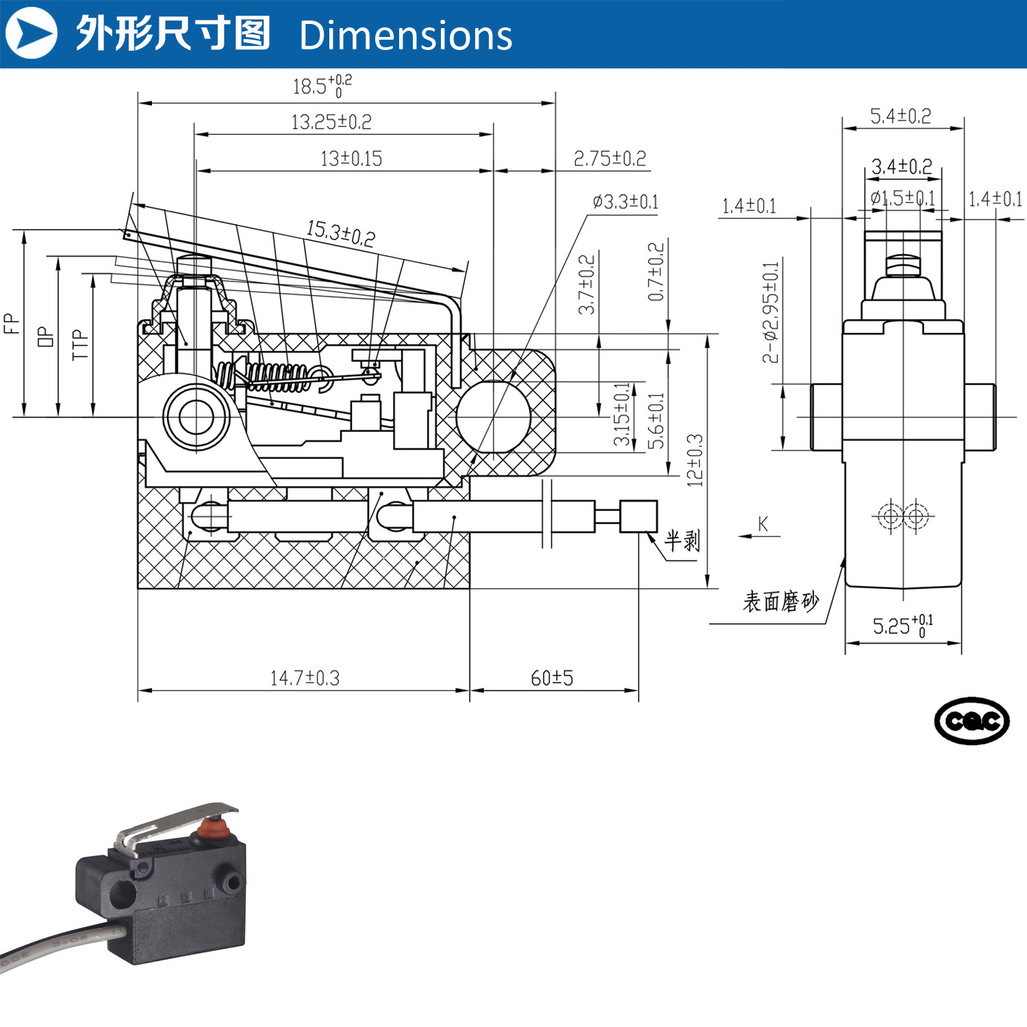 250VAC 40 T85 Automotive 1E5 Black Middle Push Button Micro Switch IP67 Waterproof Medium Micro Switches with Wires