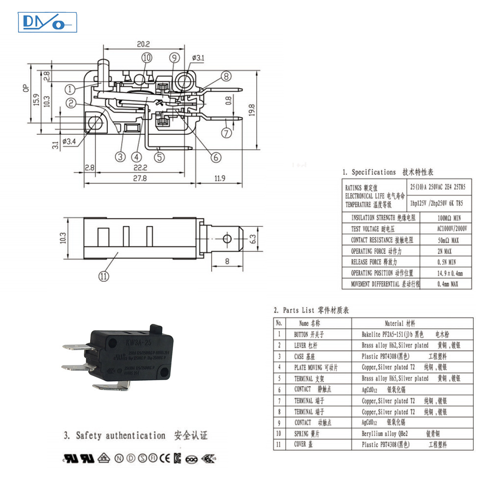 KW3A 125V/250V 16A 25A microswitch SPDT Snap Action Button Micro Limit Switch for Microwave Oven Door