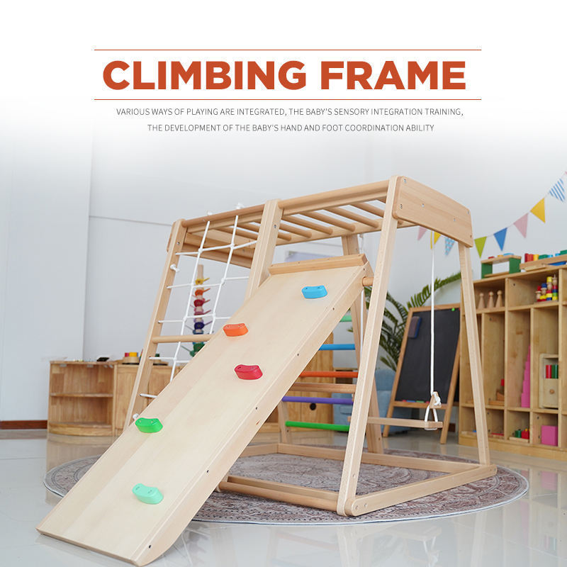 TOP Cheap Kids Wood Climbing Frames Indoor Playground Climbing Toys For Toddlers Wooden Baby Slide And Swing Climb Rope Ladder