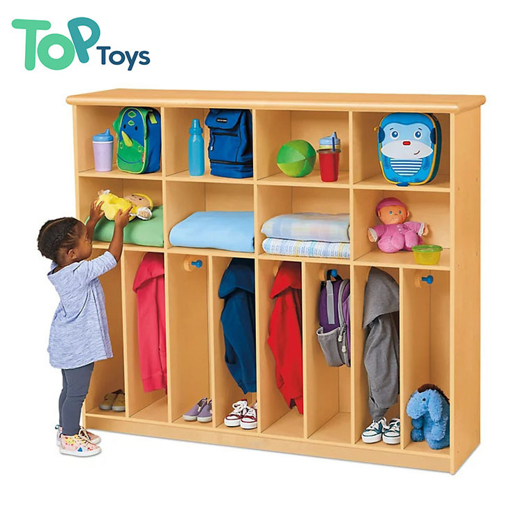 TOP Kids Wooden Montessori Clothes Shoes Storage With Organizer Wooden Cubbies & Lockers For Backpack Kindergarten Furniture Set