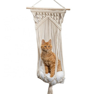 Macrame Cat Hammock Bed Include Cushion and Hanging Kit, Handwoven Cat Hanging Basket Swing Bed Hang on Wall