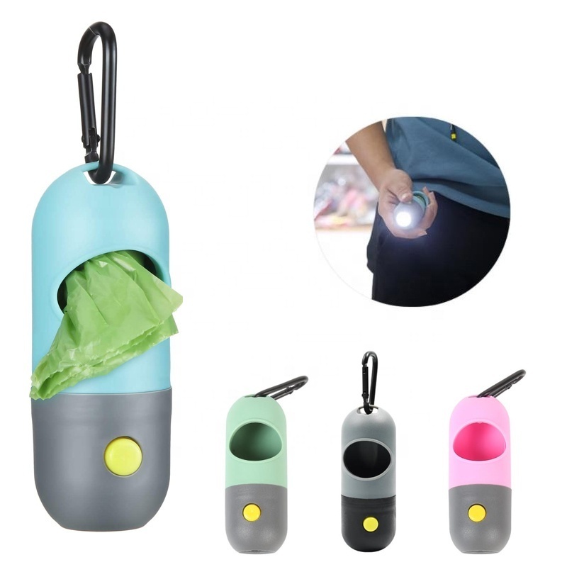 Built-in LED Flashlight for Walking Pet at Night Pet Waste Bags Holder with Carabiner Clip for Lead Leash Dog Poop Bag Dispenser