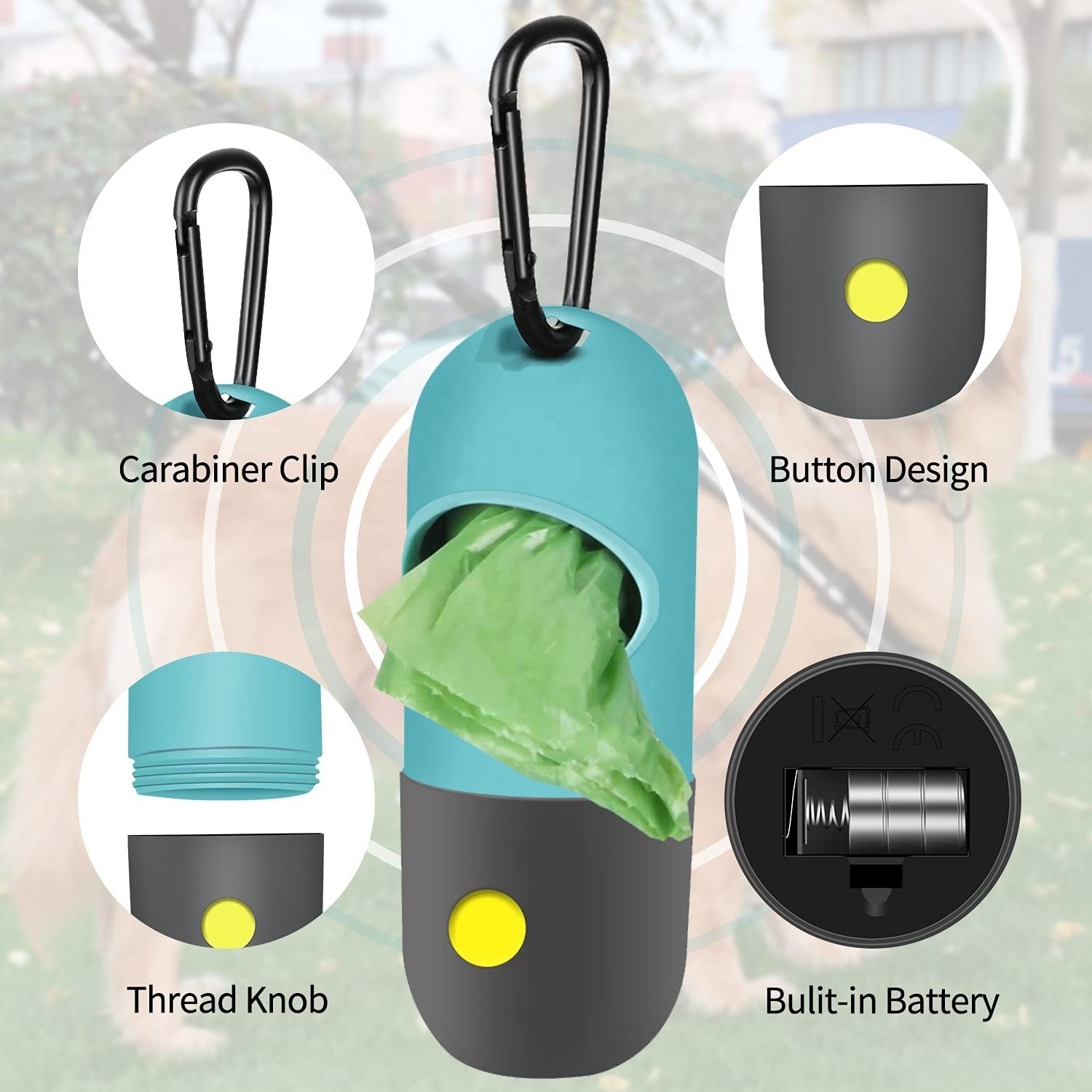 Built-in LED Flashlight for Walking Pet at Night Pet Waste Bags Holder with Carabiner Clip for Lead Leash Dog Poop Bag Dispenser