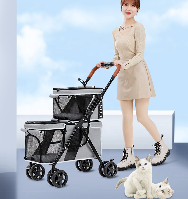 Double Layer Pet Stroller Foldable Carrier Detachable Lightweight Cat Dog Stroller with 4 Wheels