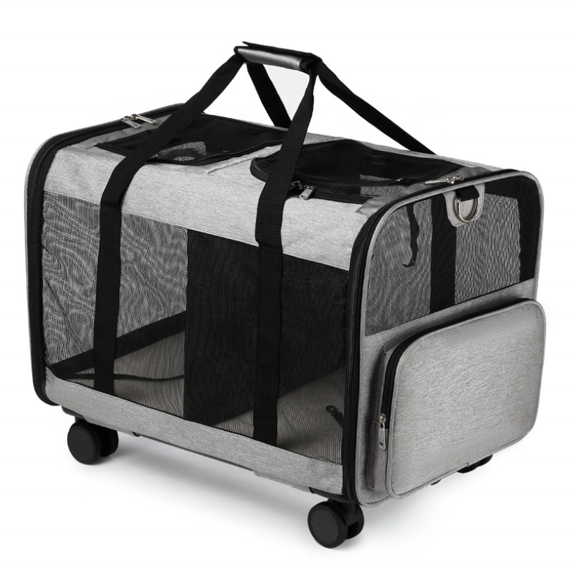 Custom Luxury Pet Carrier Travel Removable Rolling 4 Wheels Mesh Dog Stroller Cat Trolley Bag