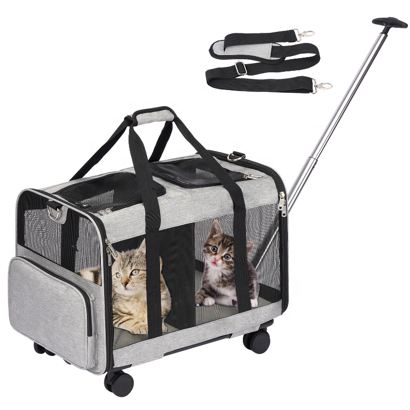 Custom Luxury Pet Carrier Travel Removable Rolling 4 Wheels Mesh Dog Stroller Cat Trolley Bag