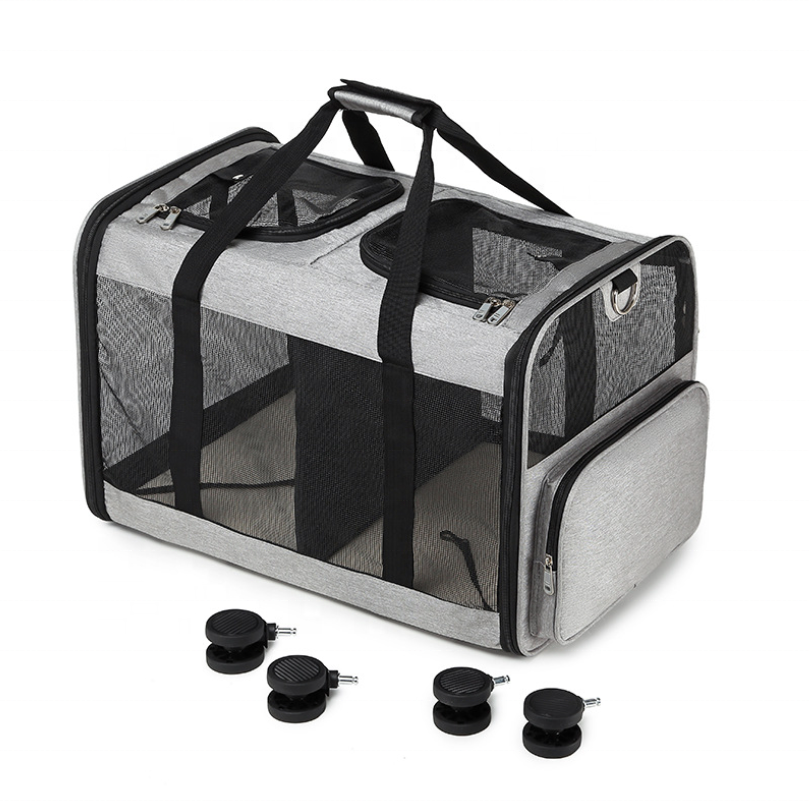 Custom Luxury Pet Carrier Travel Removable Rolling 4 Wheels Mesh Dog Stroller Cat Trolley Bag