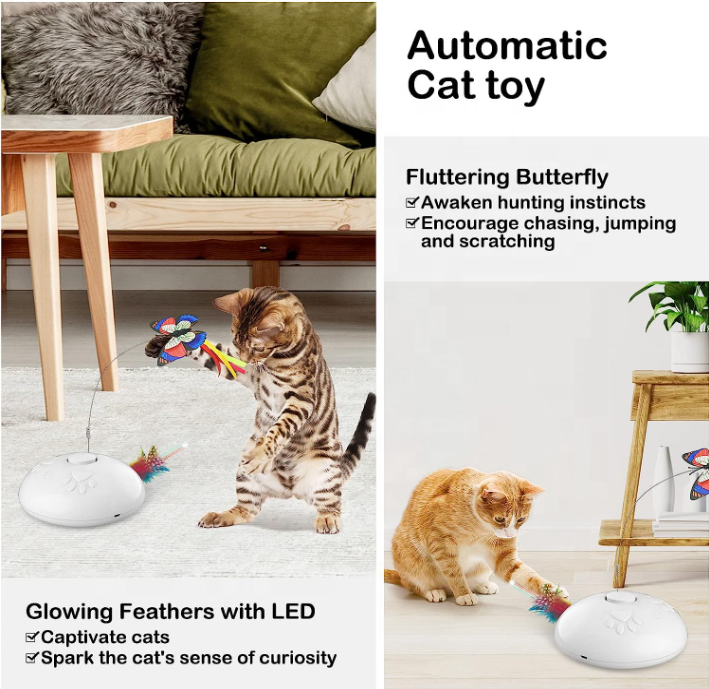 Cat Toy Upgraded Interactive for Indoor Cats 3 in 1 Moving Cat Toys with Butterfly Feather LED Light Pet Exercise Rechargeable