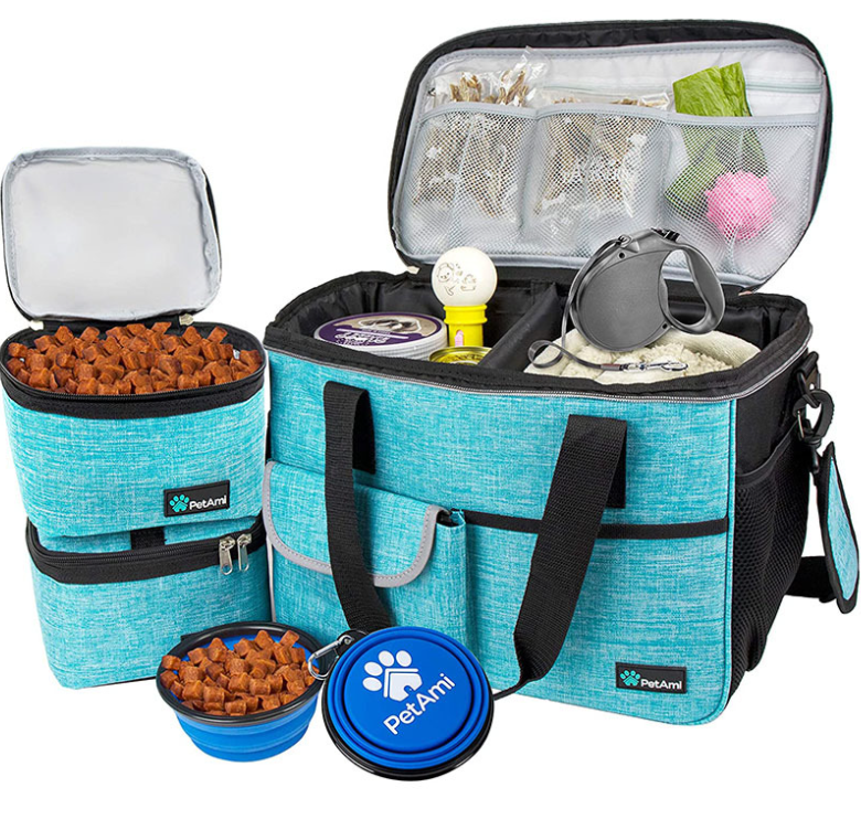 Pet Travel Bag Dog Travel Set  Airline Approved Tote Organizer with Multi-Function Pockets Fanny Pack Dog Travel Food Bag