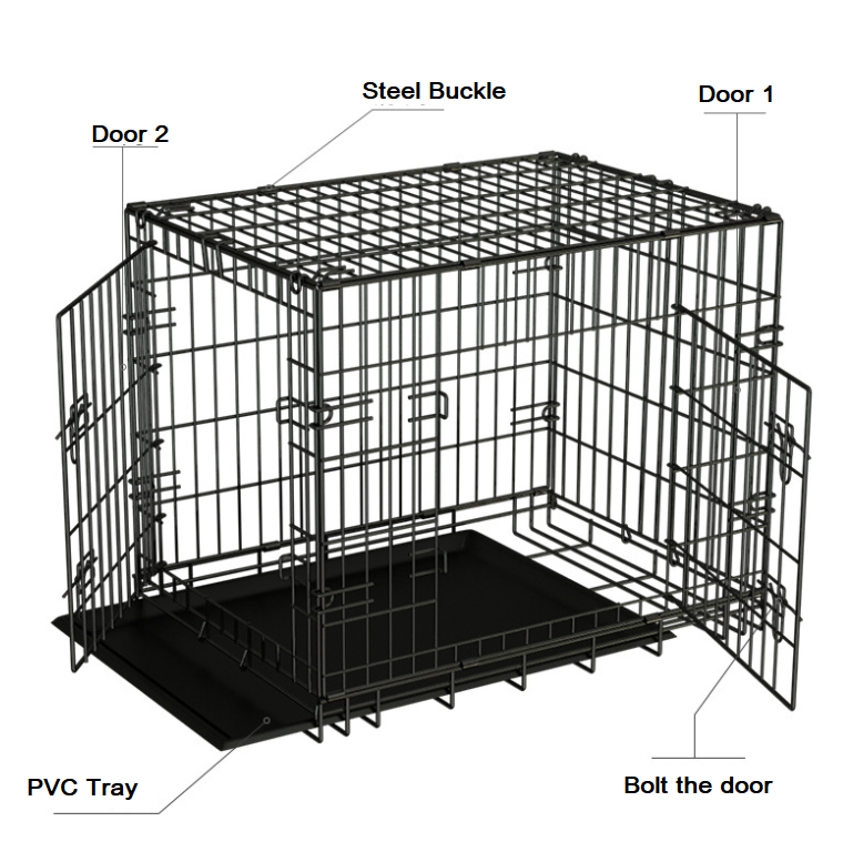 24/30/36/42/48 Inches Single Double Door Leak-Proof Plastic Pan Dog Crates Metal Folding Dog Kennel for Big Pets