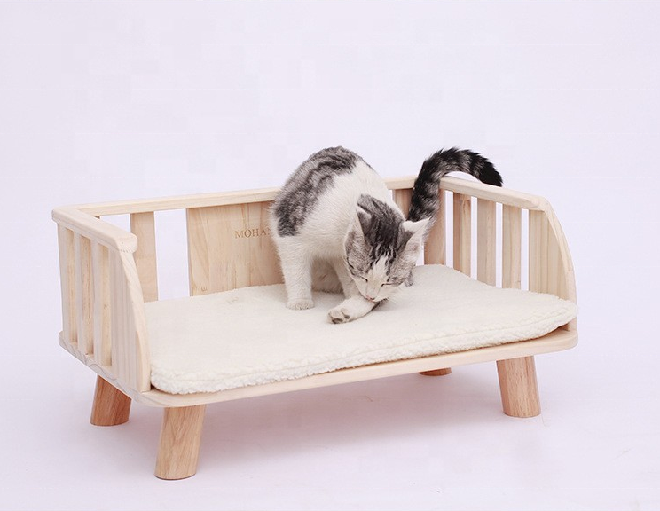 Wooden Cat Bed Hammock with Blanket Removable Washable Cat Sofa Solid Wood Pet Bed