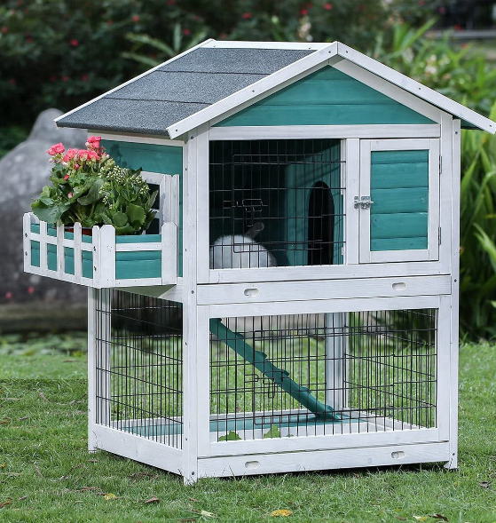 House Cage Outdoor Guinea Pig Cage on Wheels Bunny Cage Pet Rabbit Hutch Wooden with Pull-out Tray Chicken Coop Waterproof Roof