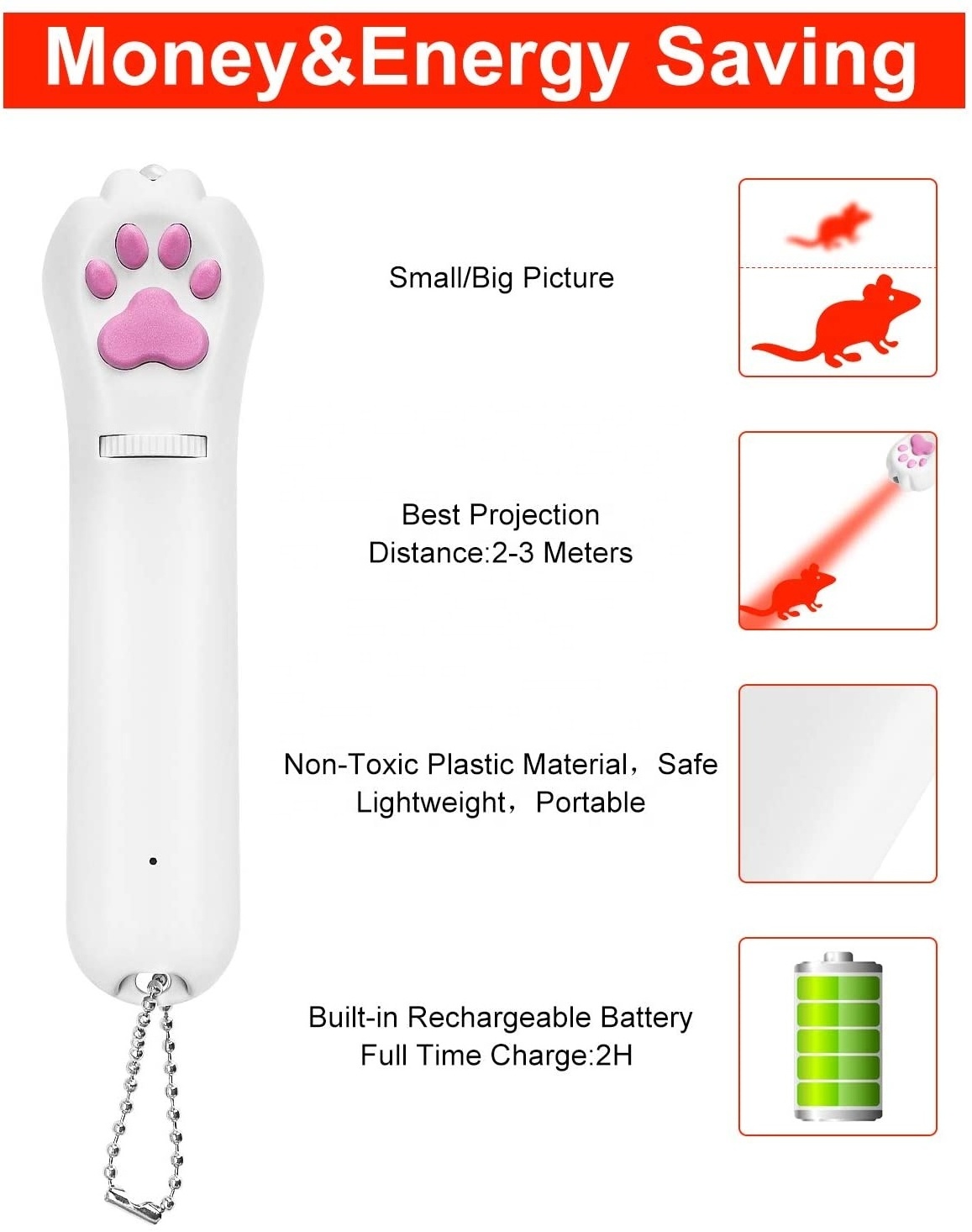 USB Charging and 5 Patterns Pet Cat Laser Toy Led Light Interactive Laser Pointer for Cats