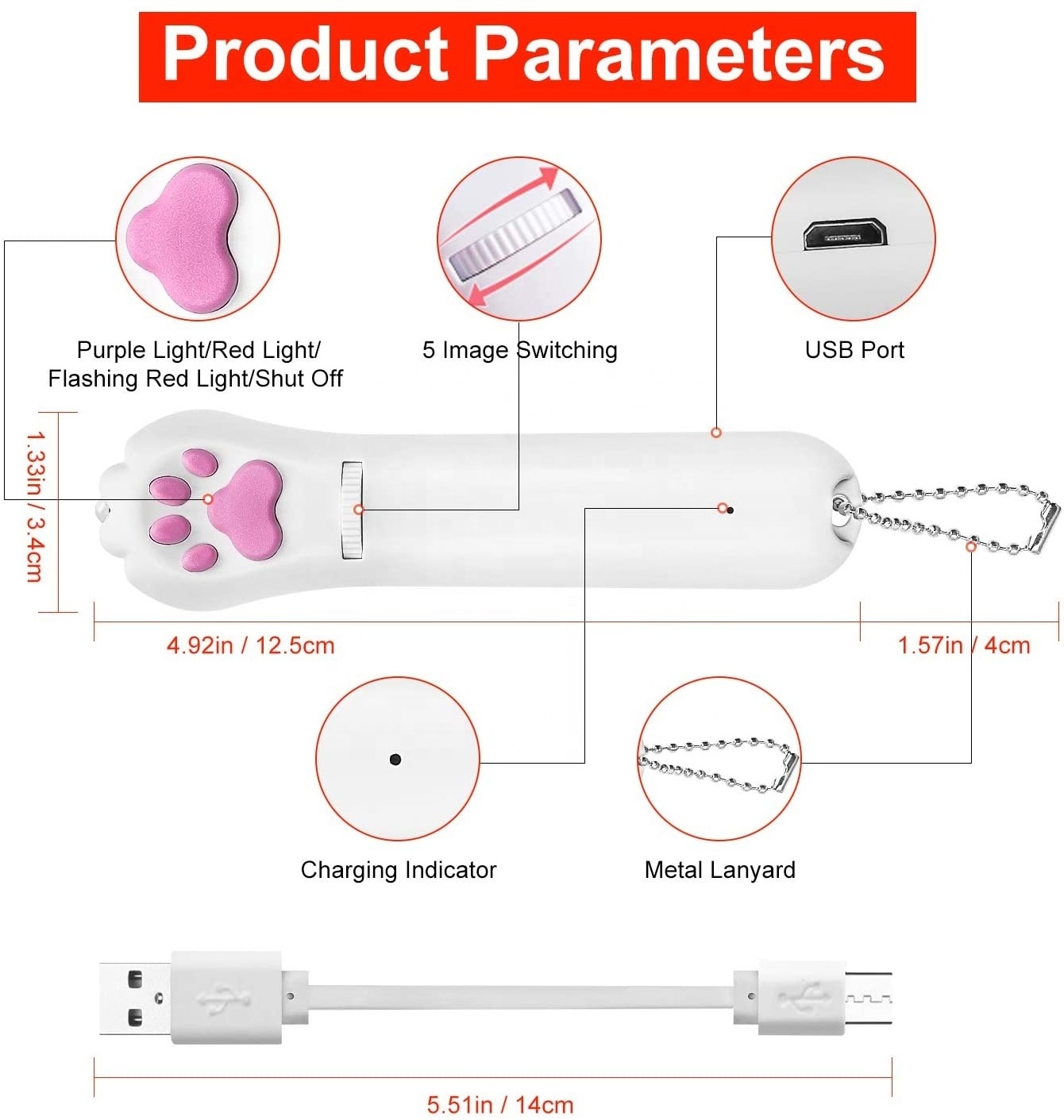 USB Charging and 5 Patterns Pet Cat Laser Toy Led Light Interactive Laser Pointer for Cats