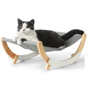 Wooden Elevated Frame Hammocks with Comfortable Printed Canvas Cat Swing Rocking Chair Kitty Hammock Bed Cat Furniture