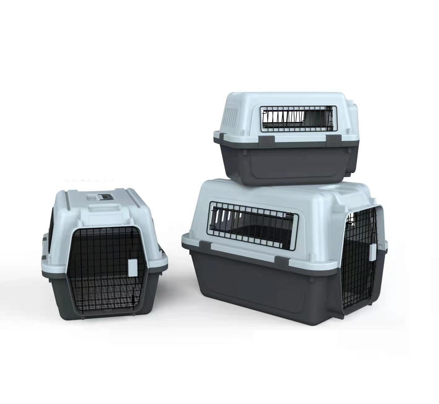 Plastic Kennels Rolling Plastic Wire Door Travel Dog Crate- Large Kennel Gray