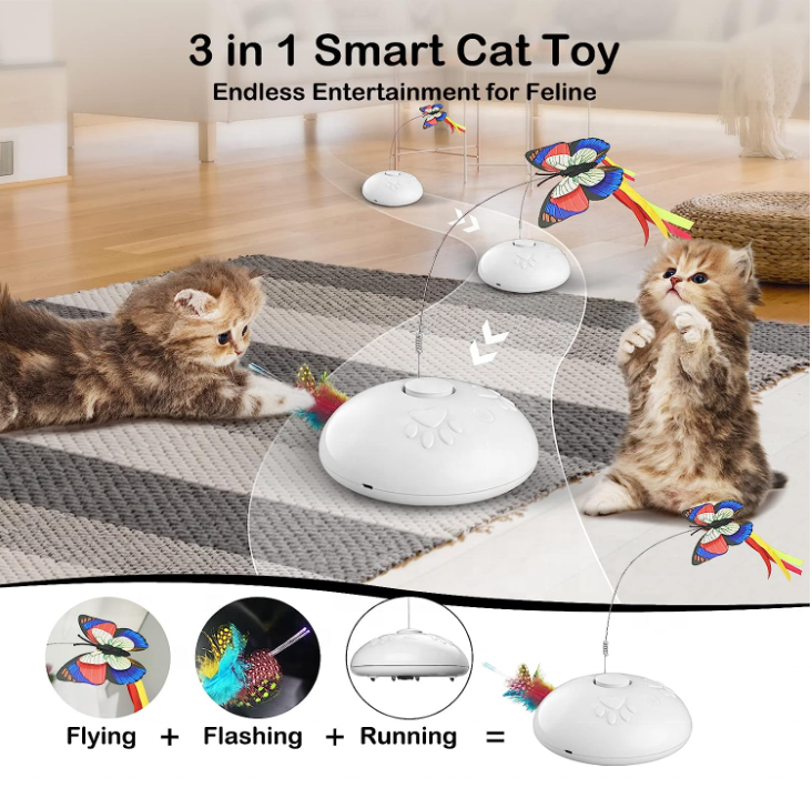 Cat Toy Upgraded Interactive for Indoor Cats 3 in 1 Moving Cat Toys with Butterfly Feather LED Light Pet Exercise Rechargeable