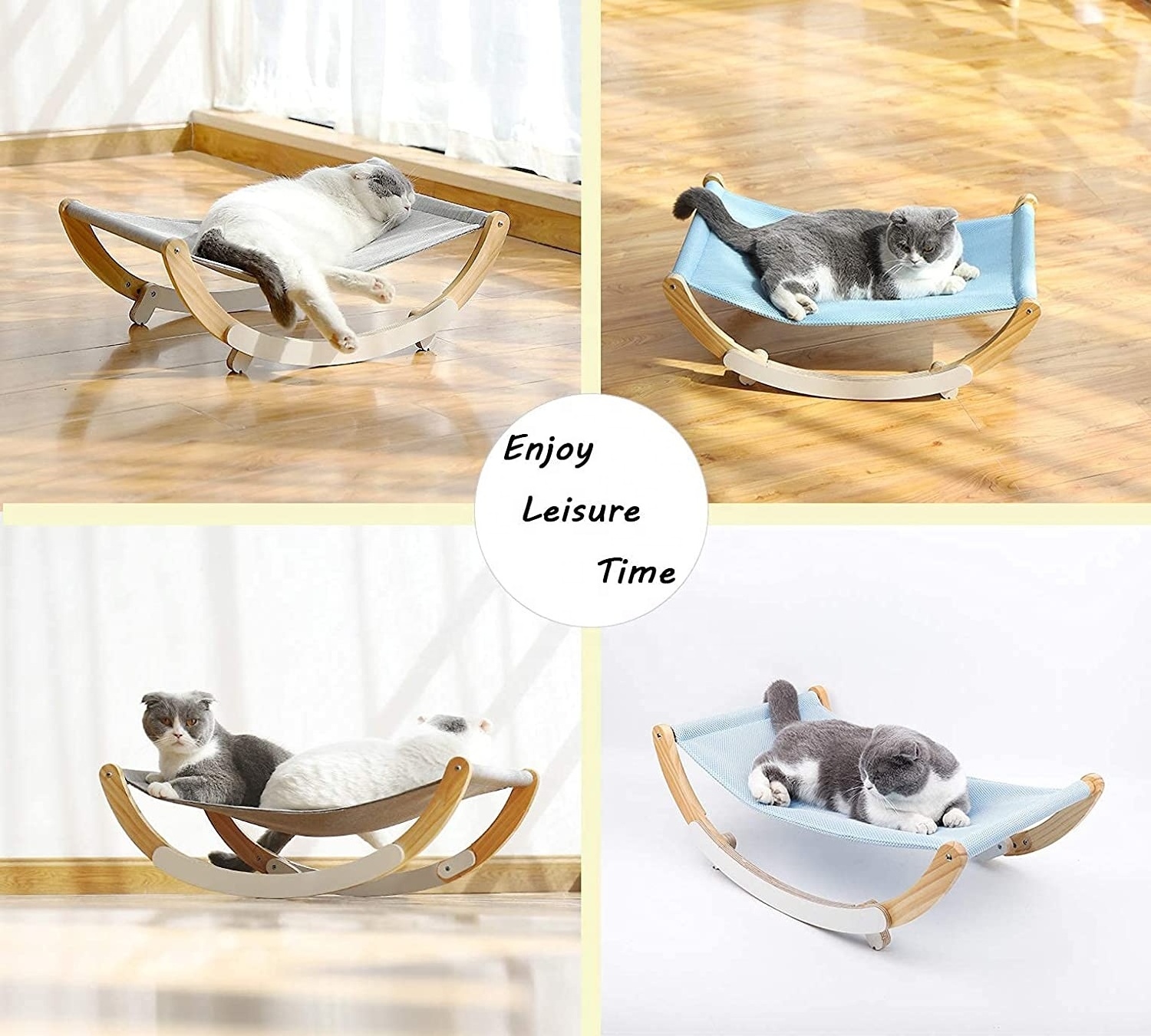 Wooden Elevated Frame Hammocks with Comfortable Printed Canvas Cat Swing Rocking Chair Kitty Hammock Bed Cat Furniture