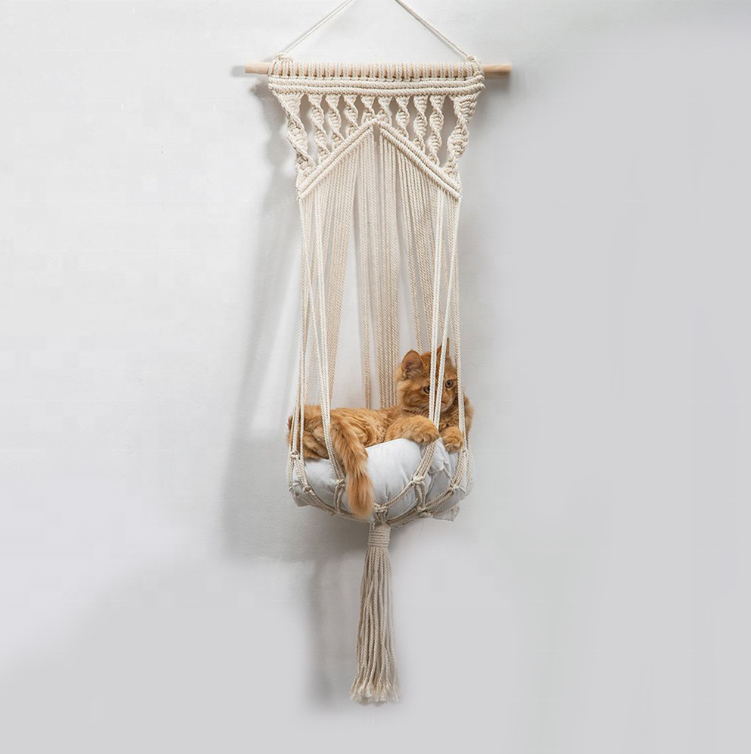 Macrame Cat Hammock Bed Include Cushion and Hanging Kit, Handwoven Cat Hanging Basket Swing Bed Hang on Wall