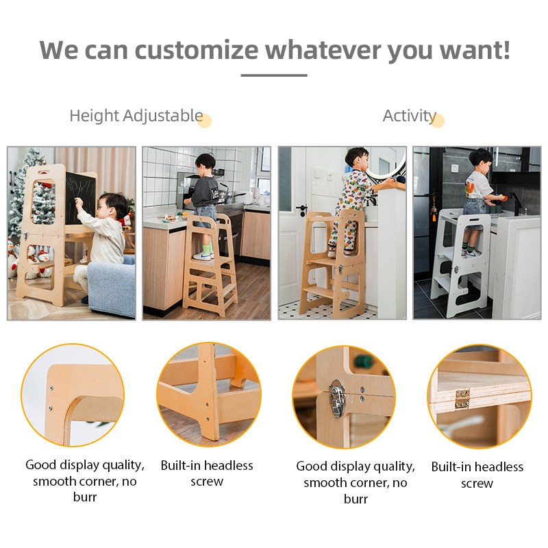 Kids Wooden Standing Multi-Use Adjustable Children Kitchen Helper Montessori Stool Folding Foldable Learning Tower For Toddler