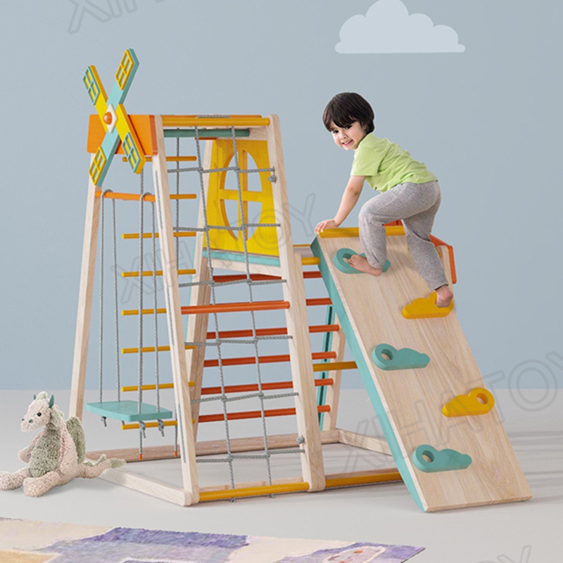 XIHA Wooden Windmill Rainbow Climbing Frame And Ramp Montessori Toddler Indoor Outdoor Slide Swing Kids Climb Frame