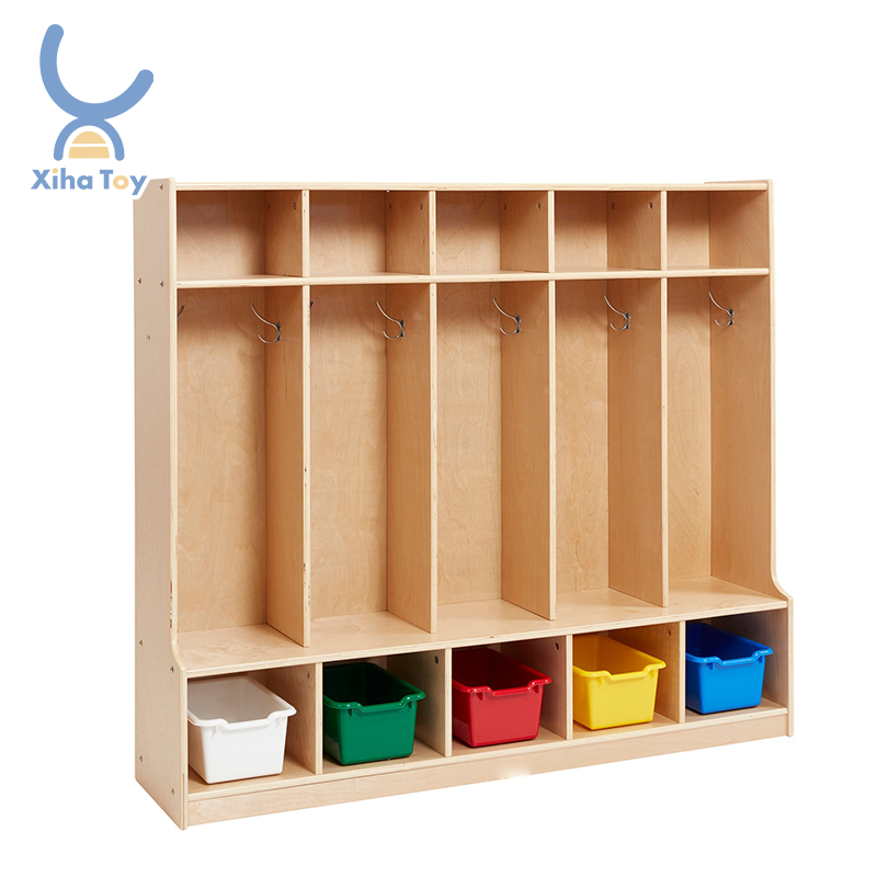 5-Section Coat Locker with Bench and 5 Scoop Front Storage Bins Storage Cabinet Storage Cubbies & Lockers Classroom Furniture