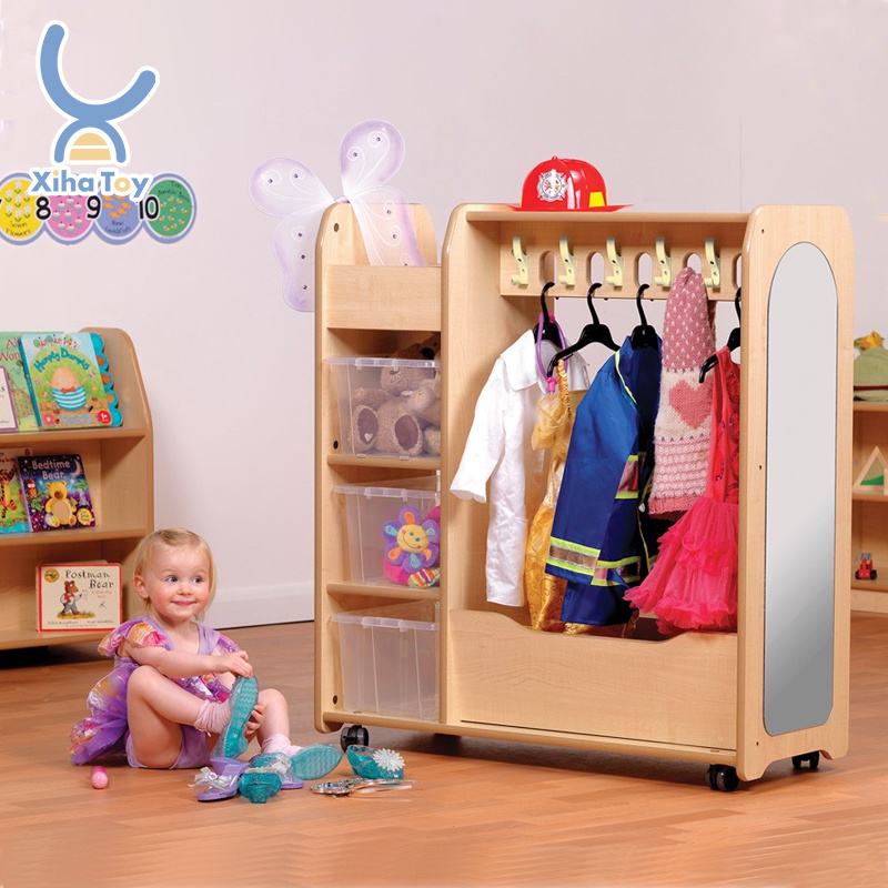 XIHA Montessori Kindergarten Coat Locker Cubby Storage Organizer With Hook For Daycare Classroom Home With 4 Cubbies and Mirror