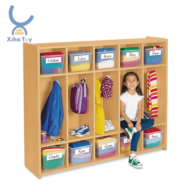 XIHA Kids Backpack Clothes Shoes Storage Cabinet With Organizer Hooks Wooden Storage For Daycare School Backpack Coat Locker