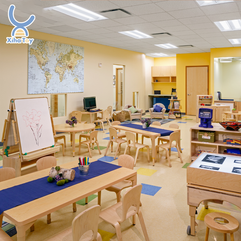 XIHA Cheap Daycare Supplies Furniture Table And Chairs Set Wooden Montessori Nursery School Kitchen Set For Classroom Furniture