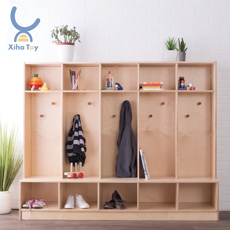 XIHA Wooden Backpack Cubbies Lockers Storage Coat Cubby With Hooks For Montessori Daycare School Toddlers Coat Clothes Locker