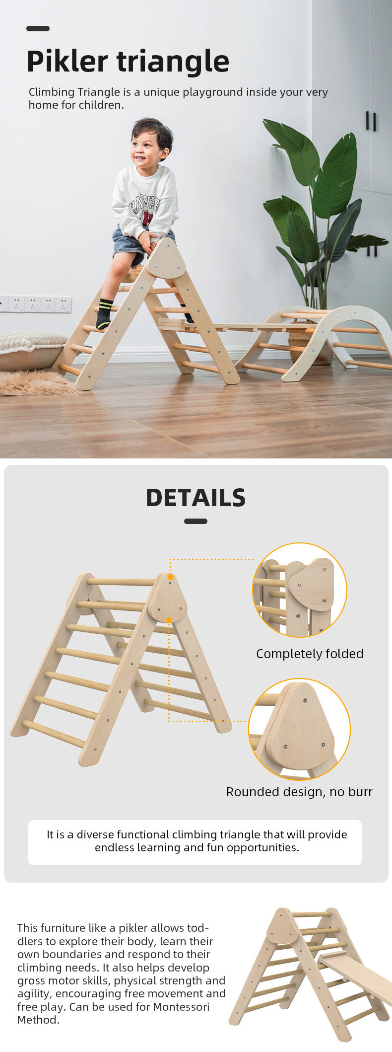 Children Montessori Wooden Climbing Triangle With Rocking Arch Ramp Triangulo Piklers Kids GYM Foldable Pickler Triangle Set